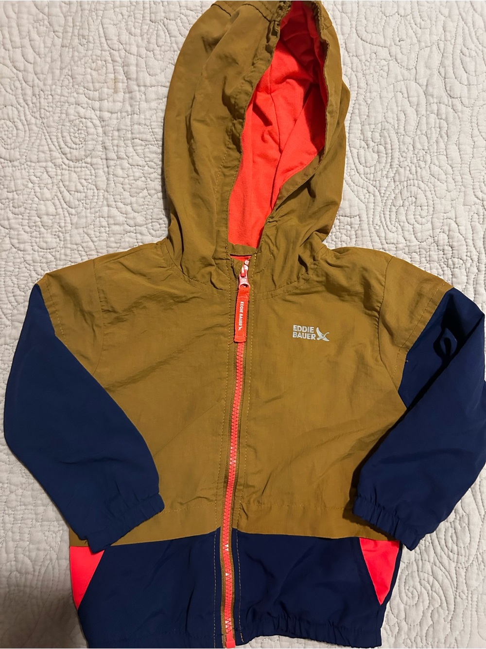 Eddie Bauer Kids Colorblock Hooded Windbreaker Jacket Size 5 Brown Navy Coral
